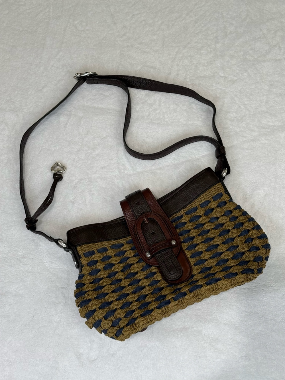 Brighton Purse Woven Textured Navy Khaki and Brown Crossbody Shoulder Bag